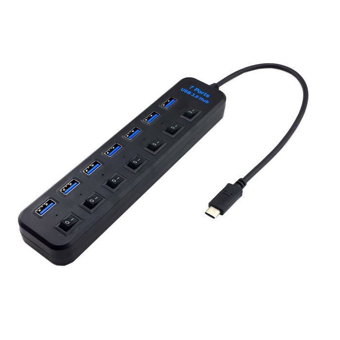 7 Port USB 3.1 USB C Type C Hub with Individual On Off Switch Black