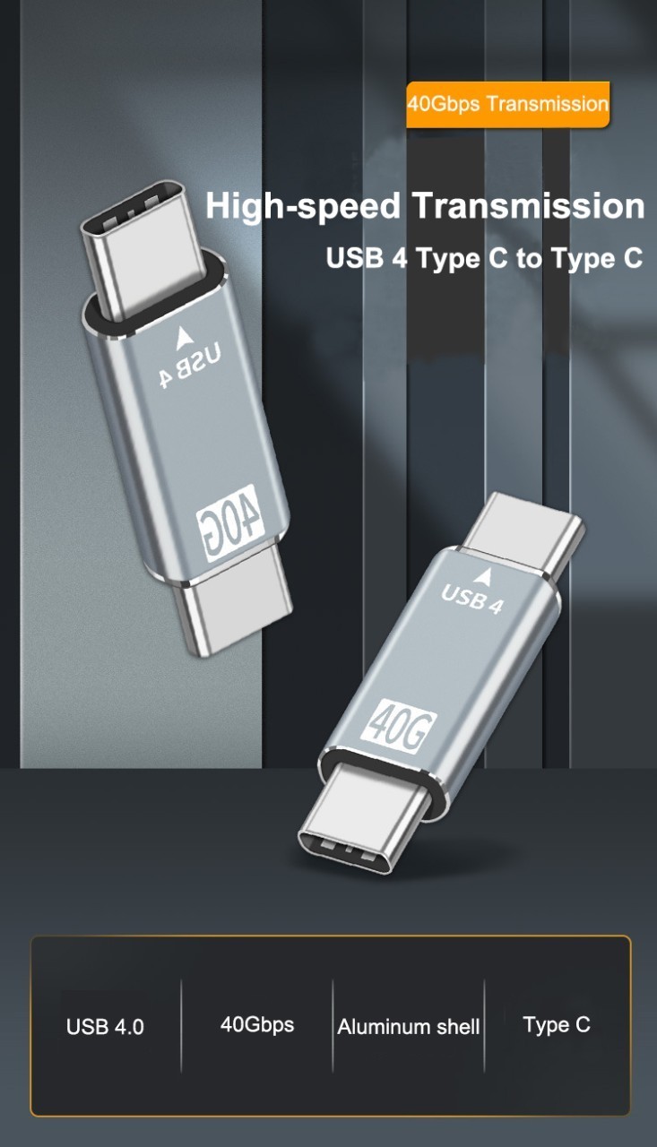 USB 4.0 Type C 40Gbps PD 100W Male to Male Adapter with Metal Housing