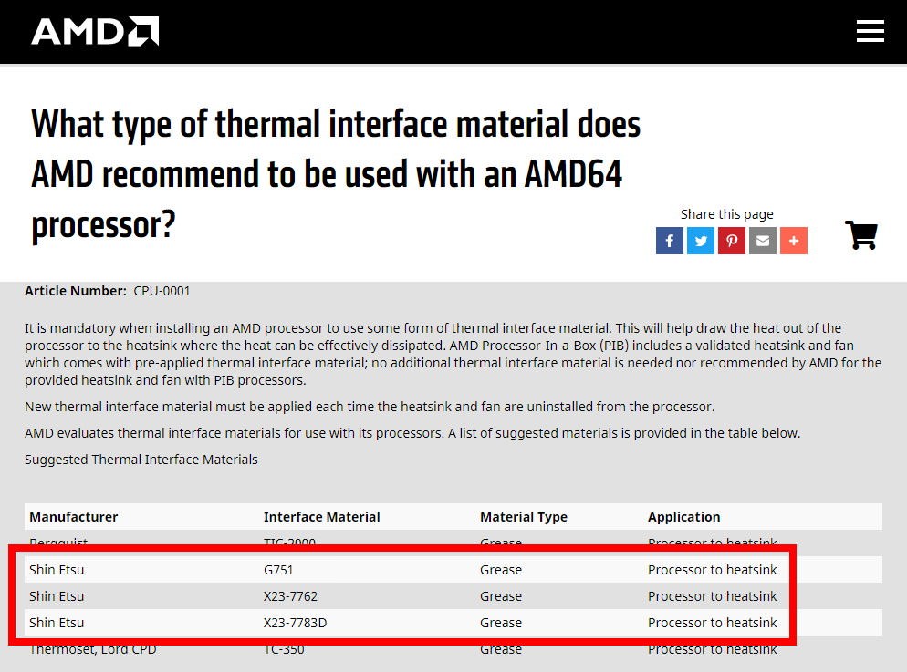 What type of thermal interface material does AMD recommend to be used with an AMD64 processor?